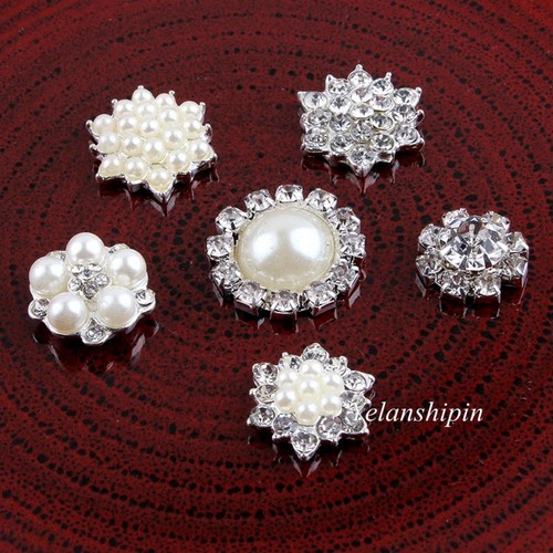 30pcs Clear Crystal Flatback Silver Pearl Rhinestone Buttons For Hair Accessory - Picture 4 of 4