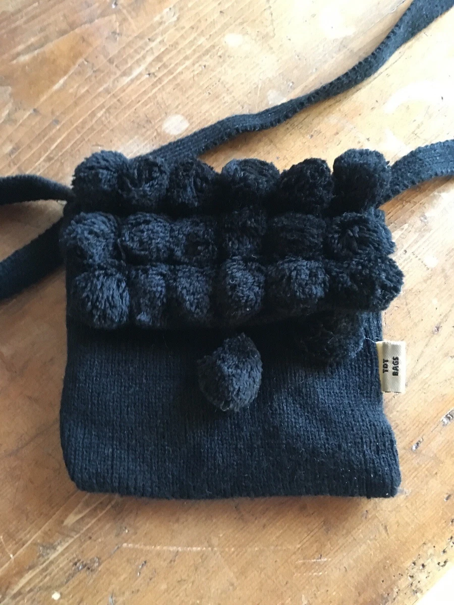 TDT BAGS Mini Black Wool Shoulder Bag with Ponpon