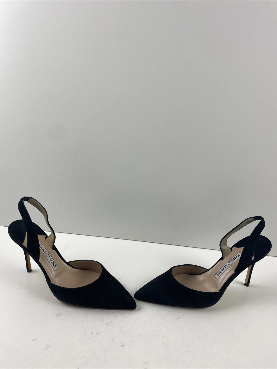 Manolo Blahnik CAROLYNE Black Leather Pointed Toe Slingback High 