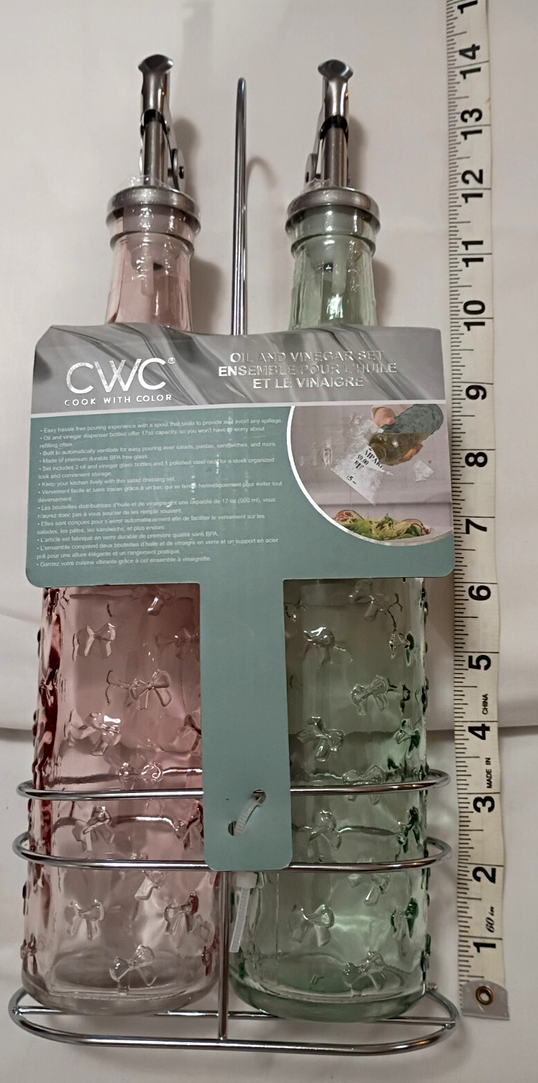 Cook With Color CWC Glass Gold Oil & Vinager Dispensers Pink & Green 17oz