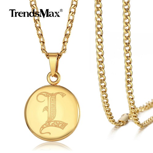Gold Plated Monogram Stainless Steel Initial Disc Pendant Necklace Curb Chain