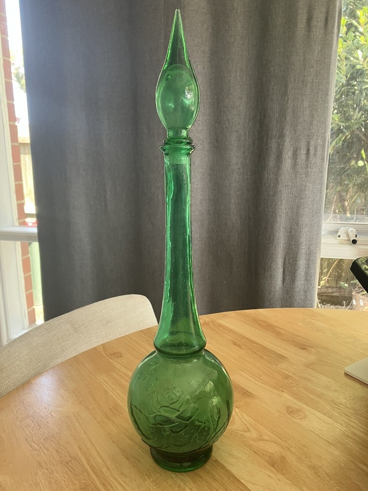 Vintage Green Glass Flower Genie Bottle With Original Glass Top Rare