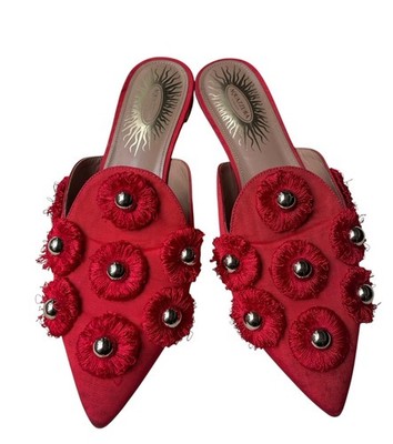 Aquazzura Red Sunflower Embellished Moire Mules Fringe Detail Leather 35.5 5.5