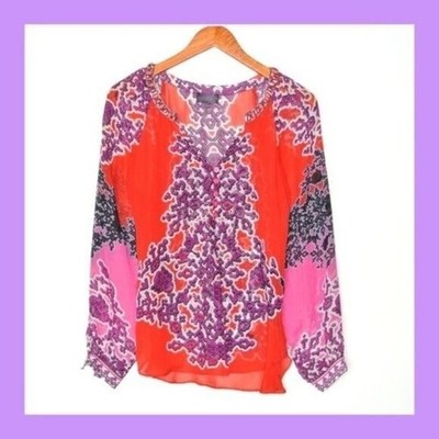 Hale Bob 100% silk Printed Beaded Blouse XS