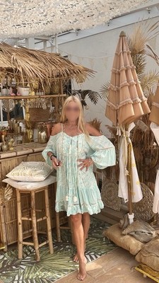 Boho Mini Kleid Ibiza Sommer Strand Dame Shoulder off hellblau weiß Last Queen 4