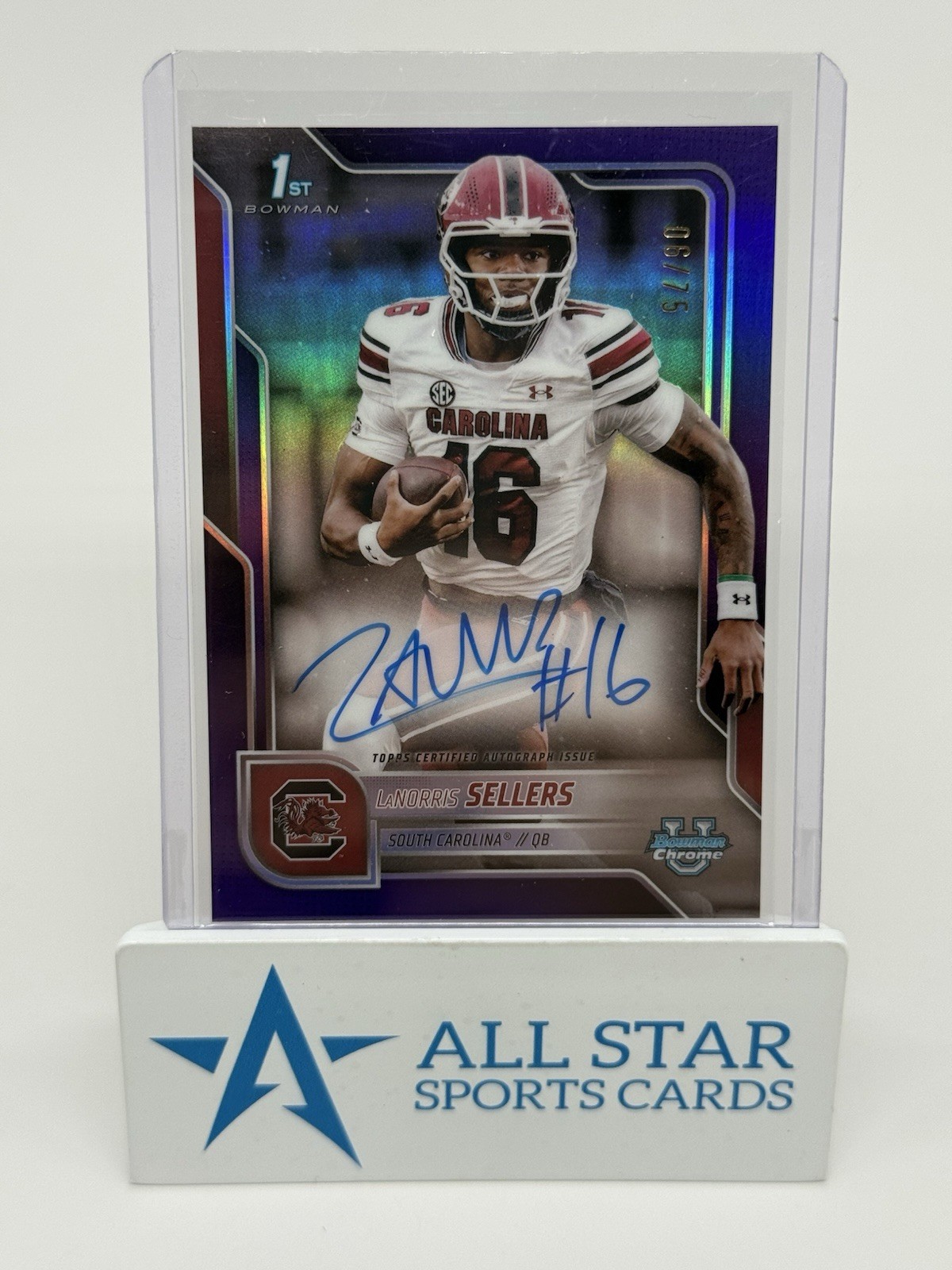 2025 Bowman Chrome U LaNorris Sellers Purple Ref. Auto /75 RC 1st SSP ON CARD