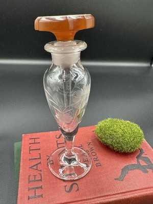 Vintage Clear Etched Glass Perfume Bottle Bakelite Stopper Dauber Stick Empty