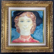 Bordas Ferenc Original Oil Painting Portrait Girl Hat Hungarian 1978 Signed