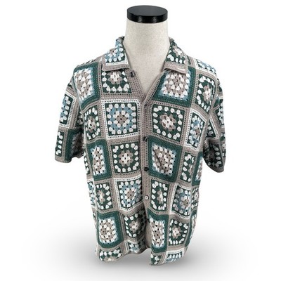 Abercrombie & Fitch Mens Medium Granny Square Crochet Shirt Green Gray Blue Knit