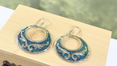 Vintage Mexican Made Ohrringe, Sterling Türkis Inlay / Signiert 925 Mex G.M.-10