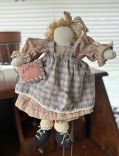 Lovely Handmade Cloth Doll   13    Folk Art Style   Pastel Plaid  Floral Outfit