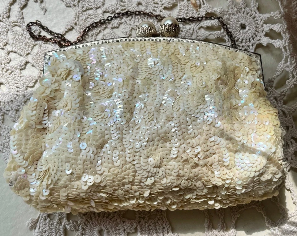 VTG Art Deco Sequin Evening Bag Cream Handmade In France  1950’s - Image 2 of 4