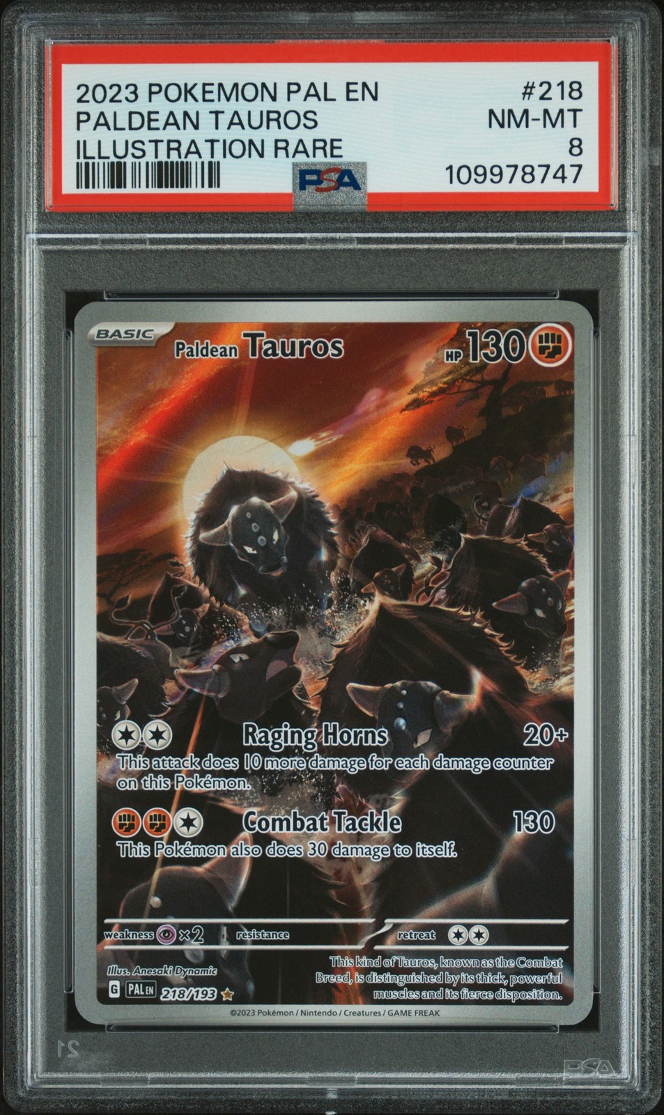 2023 POKEMON PAL EN-PALDEA EVOLVED ILLUSTRATION RARE #218 PALDEAN TAUROS PSA 8