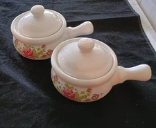 Pair of Ceramic Single Soup Bowls w/Handles & Lids Stackable RARE Rose Floral 