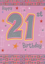 Silver Foil 21 on Pink with Stars: 21st - Birthday Card by Designer Greetings
