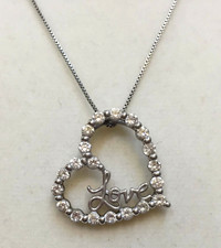 Necklace Open Heart Pendant "LOVE" Cubic Zirconia Sterling Silver 925 Italy