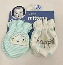 Set of 2 Pair Gerber Baby Mittens, 0-3 Months, Pastel Green/White