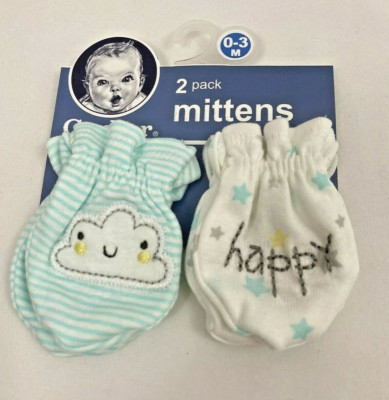Gerber Baby Mittens Set of 2 Pairs Pastel Green/White 0 3 Months