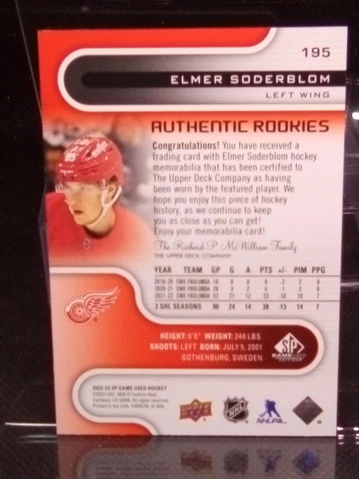 2022-23 SP Game Used #195 Elmer Soderblom (RC) -Authentic Rookies Red Jersey - Image 4 of 4