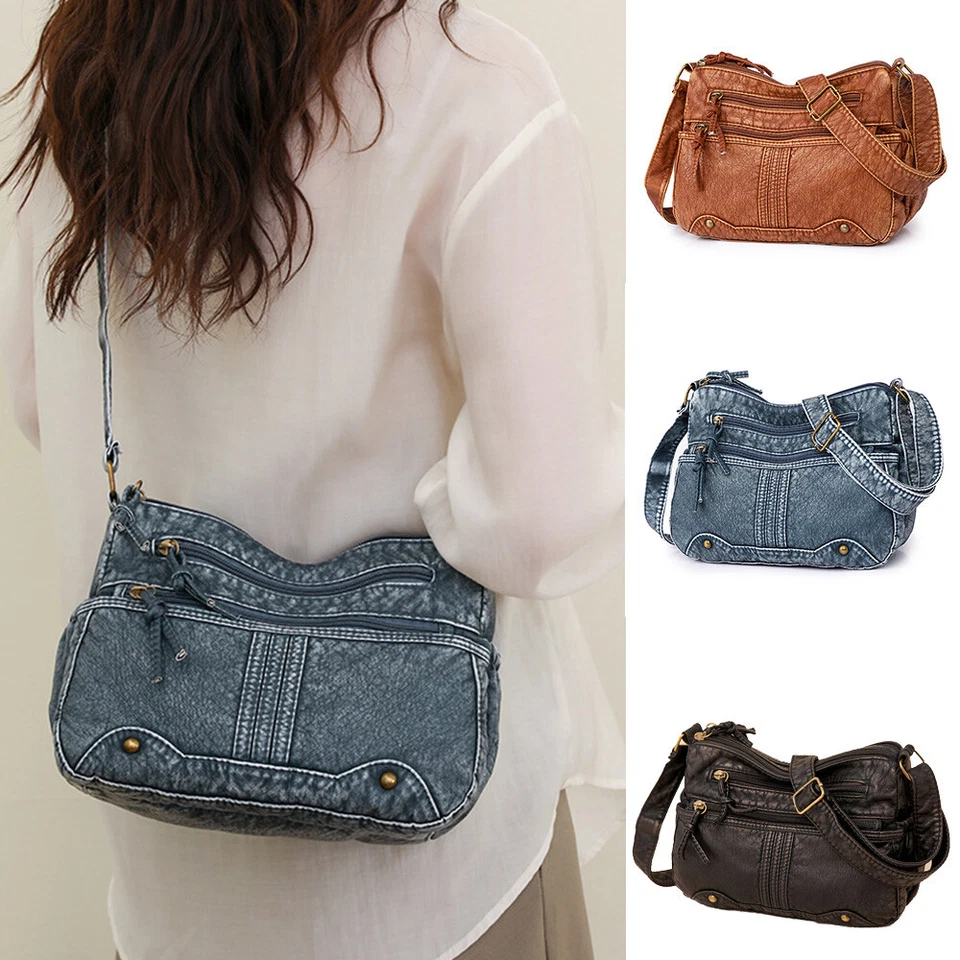 Women Soft Washed Leather Purses Satchel Handbags Shoulder Tote Bag MessengerBag - Image 2 of 4