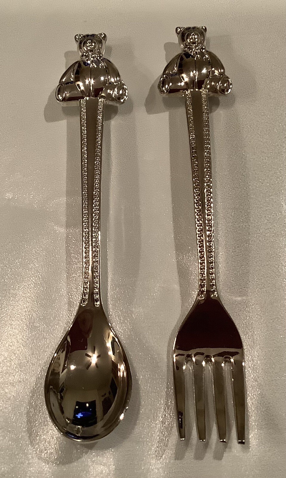 Silverplate Teddy Bear child's spoon and fork set NWT 5 Inch