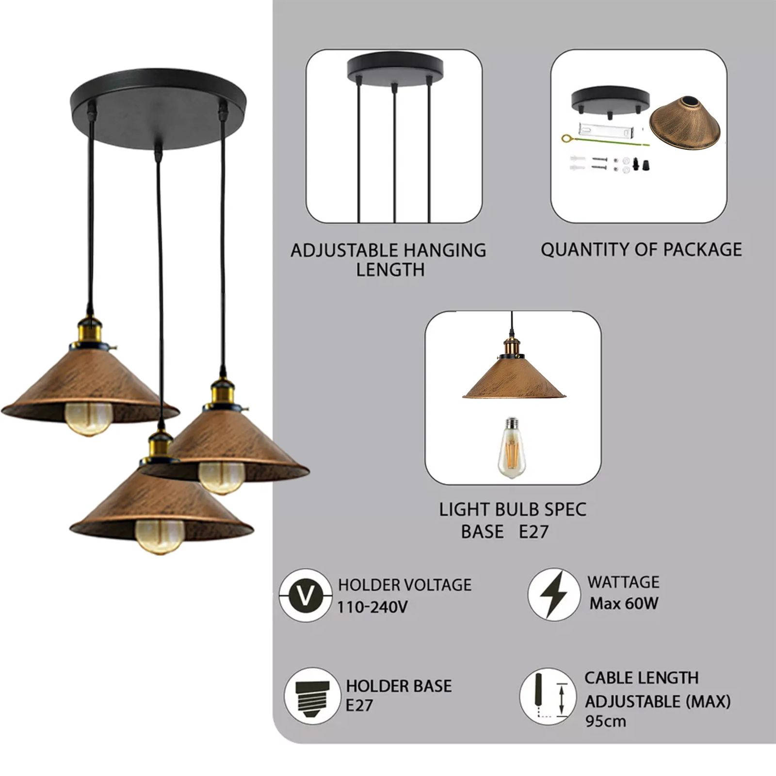 Vintage 3 Way Metal Shade Pendant Light Ceiling Lamp Fixture Hanging 