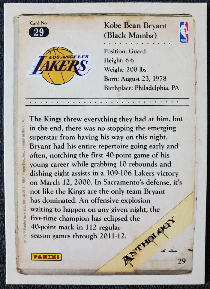 2012-13 Kobe Bryant Los Angeles Lakers NBA Panini Kobe Anthology Card #29 - Image 2 of 2