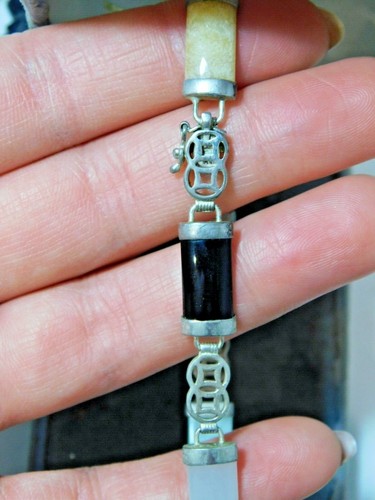 Vintage Plata de Ley 6 Lucky Deseos Celadon Verde Jadeíta Piedra Enlace Pulsera - Imagen 6 de 7