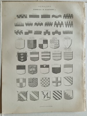 1879 DRUCK HERALDIKGEBÜHREN IN BLAZONRY DAS KREUZSTRUMPFBAND BENDY BAR FESS CANTON