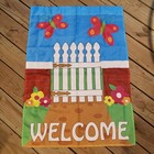 Vintage Polyester Welcome Flowers Butterflies Gate House Flag Banner 28" x 38"