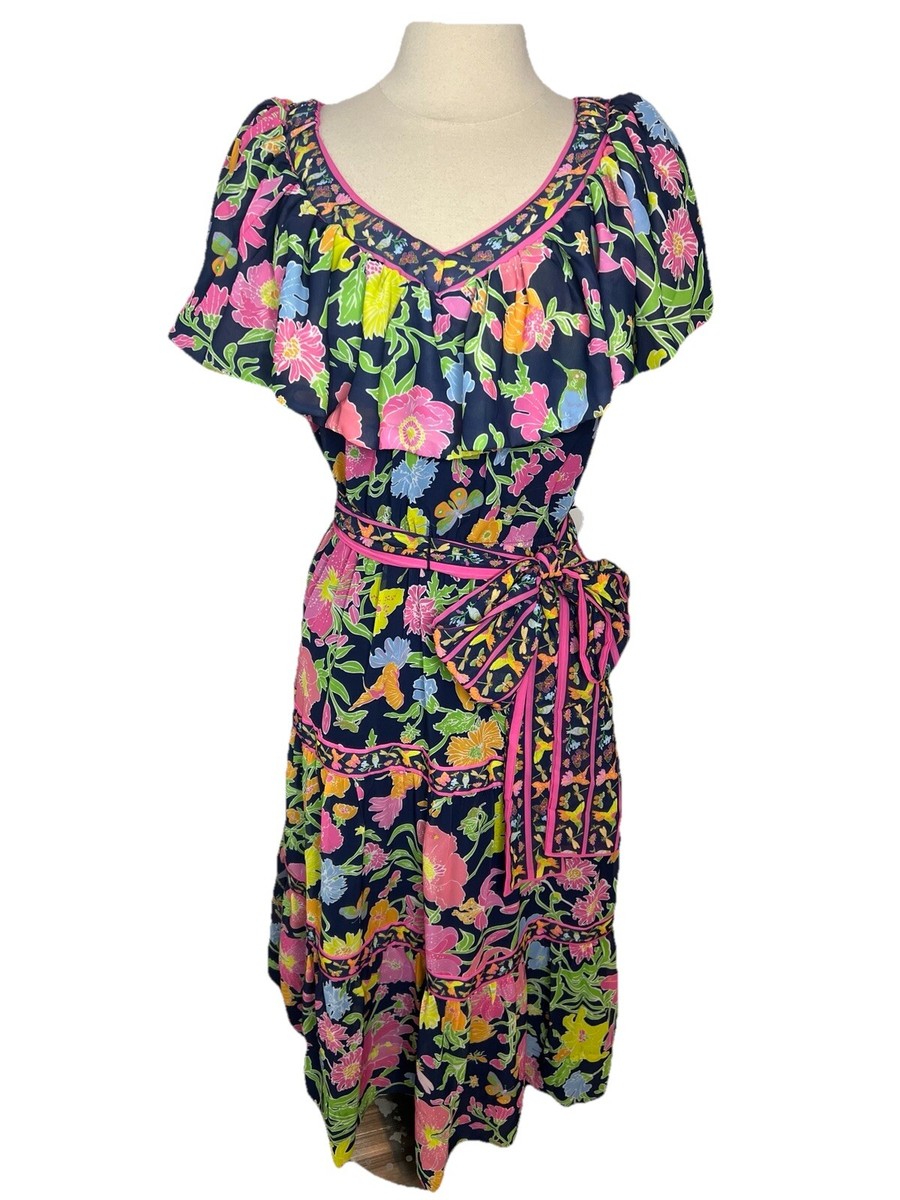 New Gretchen Scott Maxi Midi Dress Arles Humming Birds & Bees Navy Ruffle S  Read