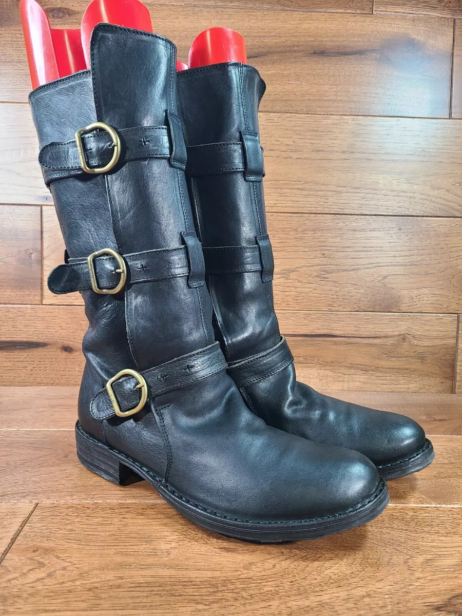 Fiorentini Baker ETERNITY Black Leather Moto Boot 3 Strap w Buckle EURO 38 US 8