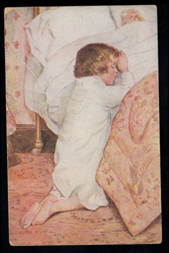 Postal infantil EE. UU. La oración de la noche - niño arrodillado frente a la cama, sin usar - Imagen 1 de 2