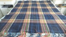 Vintage Wool THROW, BLANKET Navy Blue Plaid, Fringed, 54"x68", Stadium, Cabin
