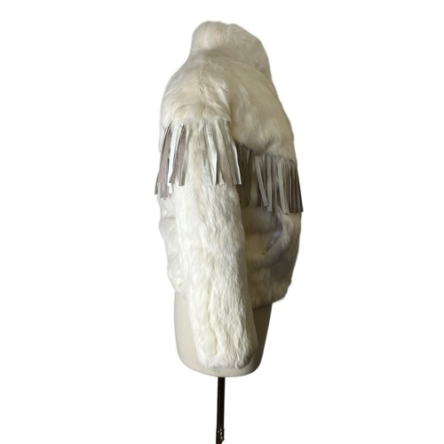 Vintage Niki Fur Bomber Jacket 80s White Real Rabbit w Leather Fringe EUC Luxury - Picture 5 of 9