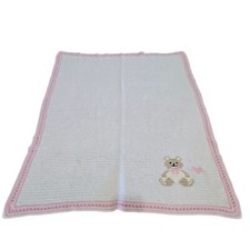Vintage Handmade Crochet Baby Blanket Pink Trim Cute Teddy Bear Throw Crib