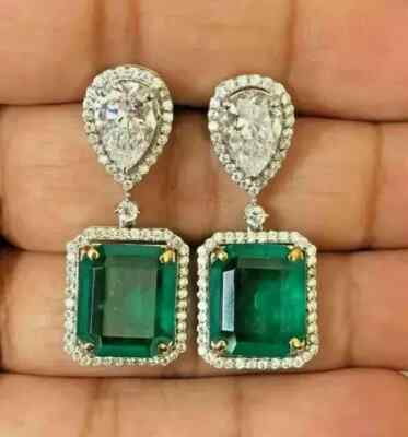 Halo Dangle Earrings 14K White Gold Plated 3Ct Lab Created Emerald