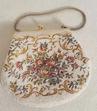 VTG Hand Made Colored Flowers Tapestry Purse Small Faux Pearls Hong Kong