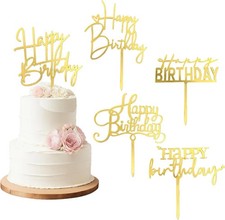 Gold Happy Birthday Cake Toppers, 5Pcs Acrylic Cupcake Toppers, Happy Birth Cake