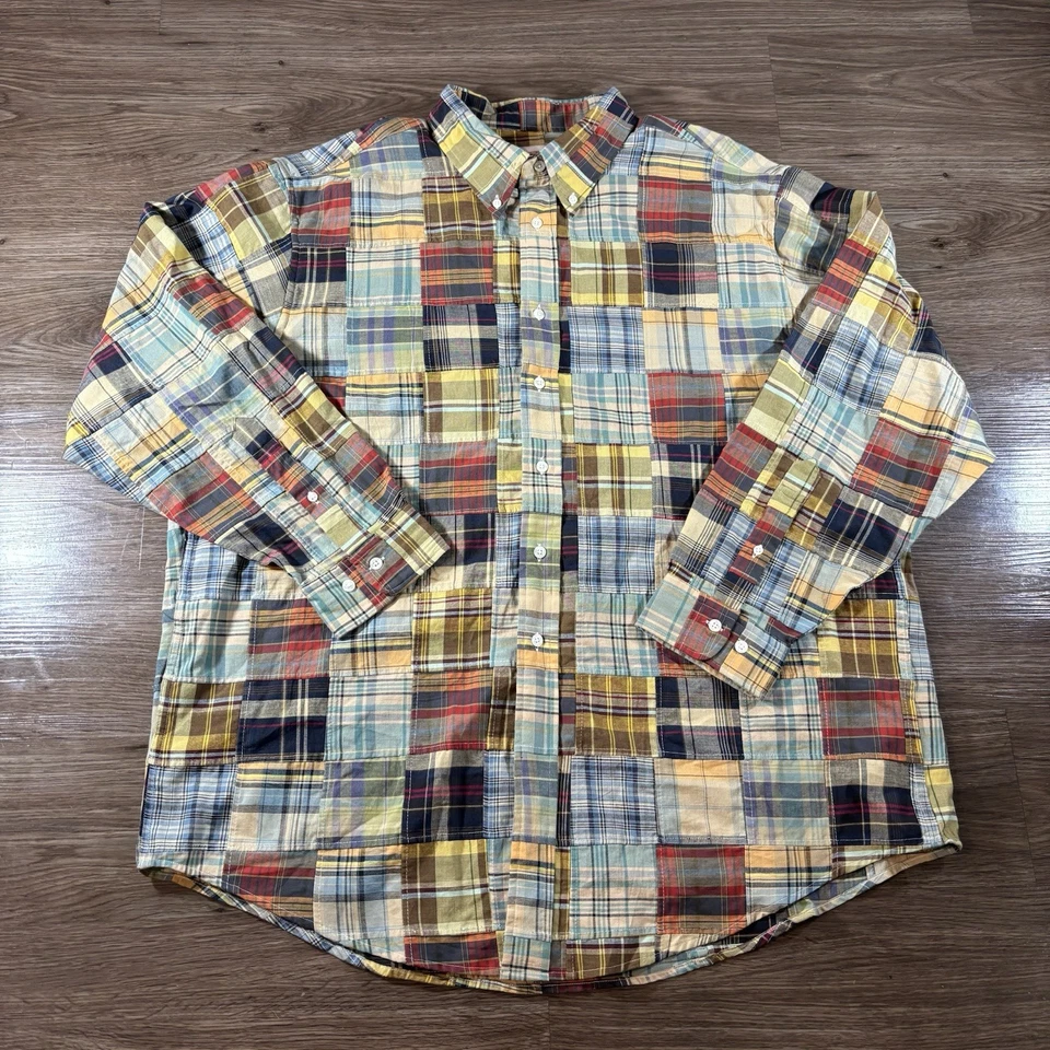 Camisa Brooks Brothers Para Hombre XXL Beige A Cuadros Madras Indias Retazos Con Botones Foto 3 de 4