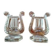1950's Vintage FOSTORIA Glass LUTE LYRE HARP Crystal Bookends 