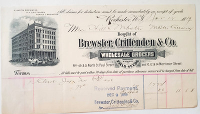 1889 Invoice, Brewster, Crittenden & Co, Wholesale Grocers, Rochester, NY