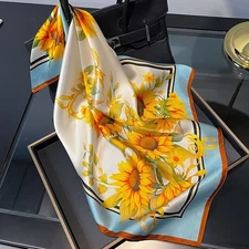 100% Silk 21" Square Scarf Women Neckerchief Wrap Bandana Beige Yellow Sunflower