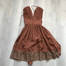 BCBGMaxAzria Silk Dress Womens 2 Brown Satin Pleated Sleeveless A Line Obi Belt