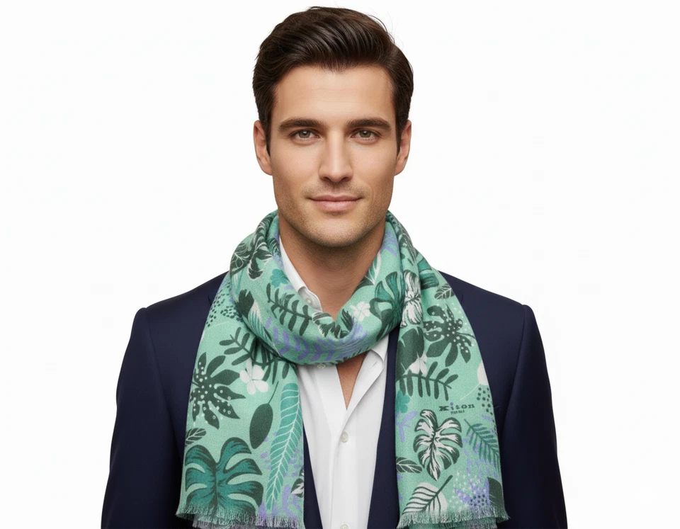 NUEVO CON ETIQUETAS BUFANDA KITON verde floral modal 70x180 cm hecho a mano extraluxury Italia Foto 2 de 4