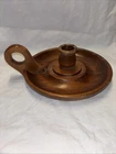 Handmade 7” Wooden Chamberstick Candle Holder Finger Hold Dark Stain Vintage