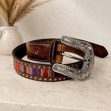 Nocona Brown Leather Western Belt 32 Multicolor Inlay Studded Silver Buckle