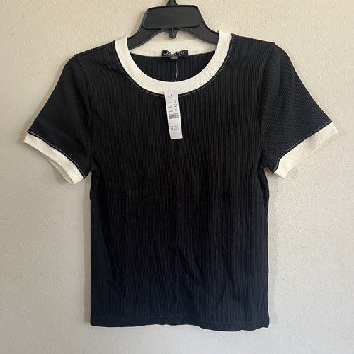 J.Crew Vintage Rib Shrunken T-Shirt with Contrast Trim Womens M Black NEW