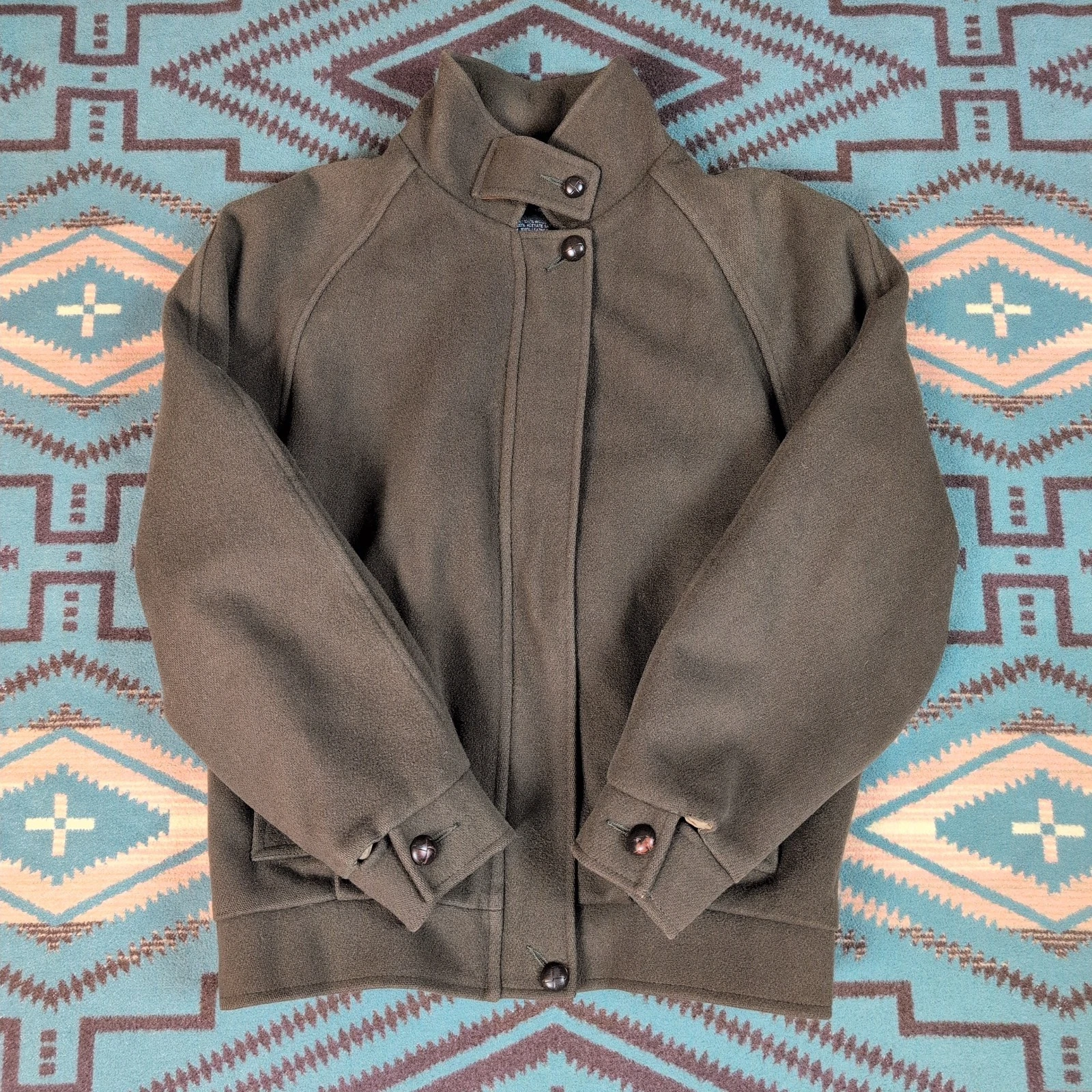Vintage Lands End Jacket Men's Small Green Wool Bomber Leather Trim USA 80s 90s - product detail image 1