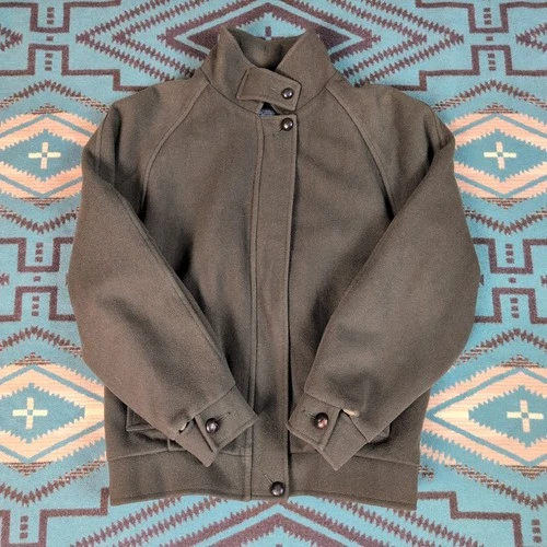 Vintage Lands End Jacket Men's Small Green Wool Bomber Leather Trim USA 80s 90s - product listing photo
